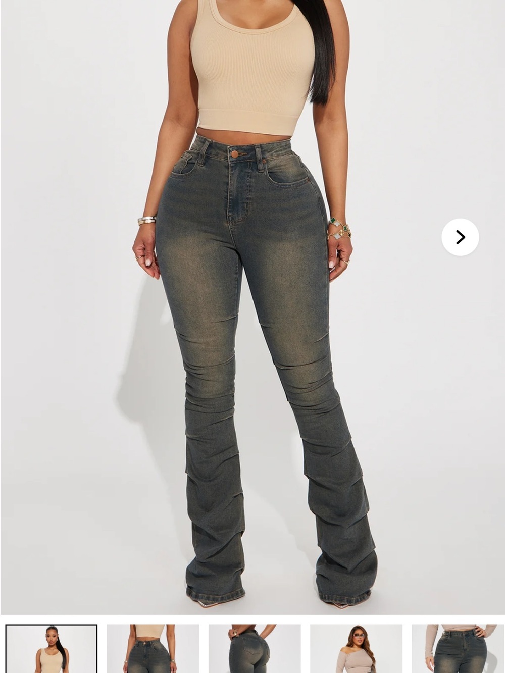 High-Waist Ruched Flare Jeans in Washed Olive